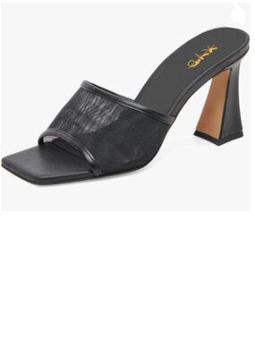 XYD Black Mesh Mules Square Open Toe High Heels Block Sandal Slip-on Spring Shoe
